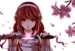  1girl cherry_blossoms crying fire_emblem fire_emblem_if gloves open_mouth petals red_eyes redhead sakura_(fire_emblem_if) simple_background solo tantou white_background youzu 