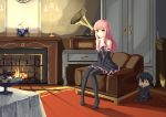  1boy 1girl :t absurdres artist_request black_hair breasts candelabra candle chibi cleavage drill_hair fire fireplace highres louise_francoise_le_blanc_de_la_valliere off_shoulder phonograph pink_hair table tablecloth thigh-highs yellow_eyes zero_no_tsukaima 