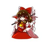  1girl ascot blush bow brown_eyes brown_hair commentary_request detached_sleeves gohei hair_bow hair_ribbon hair_tubes hakurei_reimu large_bow long_hair looking_at_viewer open_mouth over_shoulder ribbon skirt skirt_set socha solo teeth touhou vest weapon weapon_over_shoulder 