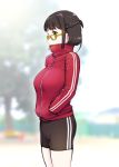  1girl bike_shorts breasts brown_eyes glasses hands_in_pockets highres large_breasts original short_hair solo thighs track_jacket track_suit ueyama_michirou 