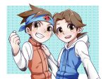  2boys brothers brown_eyes brown_hair clenched_hand grin hand_on_another&#039;s_shoulder haruka_(sunkitty) headband hikari_netto hikari_saito hoodie multiple_boys rockman rockman_exe siblings smile upper_body vest 