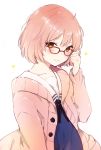  1girl blush bob_cut brown_eyes cardigan glasses kuriyama_mirai kyoukai_no_kanata looking_at_viewer lp_(hamasa00) pink_eyes red-framed_glasses school_uniform short_hair solo 