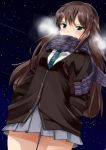  1girl blue_skirt blush breath brown_hair buttons cardigan goji_(8jikan_roudou) green_eyes hands_in_pockets highres idolmaster idolmaster_cinderella_girls jacket necktie night night_sky pleated_skirt scarf school_uniform shibuya_rin skirt sky star_(sky) starry_sky winter_clothes 