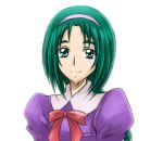  1girl akimoto_komachi arudebido bangs green_eyes green_hair hair_ornament hairband happy long_hair looking_at_viewer portrait precure puffy_sleeves ribbon school_uniform simple_background sketch smile solo white_background yes!_precure_5 