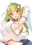  1girl arm_up armpits between_breasts blush breasts brown_eyes crying crying_with_eyes_open detached_sleeves frog_hair_ornament green_hair hair_ornament japanese_clothes kochiya_sanae large_breasts long_hair long_sleeves midriff miko navel open_mouth see-through showing_armpits simple_background skirt snake snake_hair_ornament solo tears touhou upper_body white_background wide_sleeves yukizumi_remon 