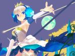  1girl arm_warmers armor armored_dress armpits bare_shoulders breasts castle cleavage crown dress feathers flower full_moon gwendolyn hair_flower hair_ornament hairband holding moon nail_polish odin_sphere polearm short_hair solo spear standing strapless_dress violet_eyes weapon white_hair wings yuuki_(irodo_rhythm) 