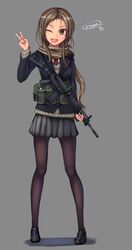  1girl assault_rifle brown_eyes brown_hair dreadtie gun highres howa_type_89 load_bearing_vest long_hair one_eye_closed original pantyhose rifle scarf sling solo v weapon 