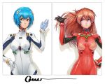  2girls ayanami_rei blue_eyes blue_hair bodysuit breasts brown_hair commentary expressionless frown hair_between_eyes hairpods hand_on_hip long_hair multiple_girls neon_genesis_evangelion nose omar_dogan plugsuit red_eyes short_hair souryuu_asuka_langley 