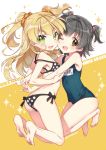  2girls akagi_miria barefoot bikini black_hair blonde_hair green_eyes idolmaster idolmaster_cinderella_girls jougasaki_rika long_hair looking_at_viewer manle multiple_girls one-piece_swimsuit one_eye_closed open_mouth school_swimsuit short_hair swimsuit two_side_up 