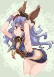  1girl :o adjusting_clothes adjusting_hat animal_ears arched_back armpits arms_up blue_hair brown_eyes collar cropped_legs ferri_(granblue_fantasy) floating_hair granblue_fantasy hat jewelry long_hair looking_at_viewer necklace parted_lips pencil_skirt skirt sleeveless solo thomasz 