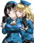  2girls 3; atago_(kantai_collection) black_gloves black_hair blonde_hair blush breasts cheek-to-cheek colored_eyelashes gloves green_eyes hair_between_eyes holding_hands kantai_collection kasugano_tobari large_breasts long_hair looking_at_another military military_uniform multiple_girls pantyhose red_eyes short_hair takao_(kantai_collection) uniform wavy_mouth 
