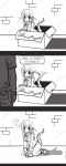  1boy 1girl 3koma ? box brick_wall collar comic commentary dragon_tail gloves highres kneeling monochrome open_mouth shadow spoken_question_mark tail tail_wagging velox 