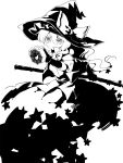  1girl aiming blonde_hair bow braid broom dena.ei dress frown hat hat_bow highres kirisame_marisa long_hair mini-hakkero monochrome parted_lips serious simple_background sketch solo star touhou white_background witch_hat 