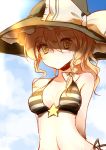  1girl arms_behind_back bare_shoulders bikini black_bikini blonde_hair blue_sky body_blush bow braid breasts clouds collarbone dena.ei hat hat_bow highres kirisame_marisa light_rays long_hair looking_at_viewer navel outdoors parted_lips sketch sky solo star star-shaped_pupils striped striped_bikini striped_swimsuit swimsuit symbol-shaped_pupils touhou upper_body witch_hat yellow_eyes 
