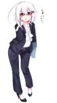  1girl business_suit haegiwa hand_in_hair high_heels highres looking_at_viewer open_mouth original red_glasses short_hair solo white_hair 