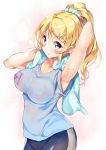  1girl arm_up armpits ayase_eli bike_shorts blonde_hair blue_eyes breasts gym_uniform hair_ornament hairclip large_breasts long_hair love_live!_school_idol_project no_bra ponytail scrunchie see-through shirt smile solo towel towel_around_neck toweling_off wet wet_clothes wet_shirt yatsu_(sasuraino) 