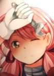  1girl akashi_(kantai_collection) bandana blush close-up commentary_request face gloves green_eyes hair_ribbon highres kantai_collection long_hair looking_at_viewer one_eye_closed pink_hair portrait ribbon solo sweat sweating tress_ribbon twintails white_gloves wiping_sweat wrench yasume_yukito 