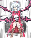  1girl absurdres blue_eyes boots buckle demon_wings dress faux_traditional_media frills hair_bobbles hair_ornament hands_on_lap highres long_hair multiple_wings red_dress sairyuu_chiharu shinki side_ponytail silver_hair sitting skull smile solo throne touhou wings zipper 