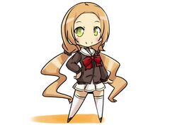  1girl blush brown_hair chibi green_eyes hand_on_hip inubouzaki_fuu long_hair naruse_mai school_uniform smile solo thigh-highs twintails white_legwear yuuki_yuuna_wa_yuusha_de_aru zettai_ryouiki 