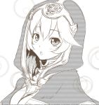  1girl alisa_(sennen_sensou_aigis) greyscale headshot hood monochrome open_mouth picomoco0412 sennen_sensou_aigis 