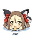  1girl :d animal_ears bell bell_collar bow brown_hair cat_ears cat_girl cat_tail chibi collar fang green_eyes hair_between_eyes hair_bow highres looking_at_viewer miyoshi_karin naruse_mai open_mouth sardine smile solo tail yuuki_yuuna_wa_yuusha_de_aru 