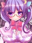  1girl :&lt; alternate_hairstyle blush bow capelet crescent_hair_ornament hair_bow hair_ornament matasabuyarou patchouli_knowledge purple_hair raised_eyebrow red_eyes solo touhou twintails violet_eyes 