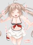  1girl ^_^ adapted_costume ahoge bare_legs breasts brown_hair cleavage closed_eyes collarbone fang kantai_collection large_breasts midriff murasame_(kantai_collection) navel open_mouth shinkun shoes skirt sleeveless smile translation_request twintails 