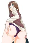  1girl ass blue_eyes brown_hair from_below hands highres looking_back original panties parted_lips purple_panties roku328 school_uniform simple_background skirt skirt_pull solo sweater_vest underwear white_background 