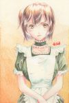  1girl alternate_costume apron blouse breasts brown_eyes brown_hair enmaided highres hiryuu_(kantai_collection) japanese_clothes jewelry kantai_collection light_smile maid necklace nu_seat short_hair side_ponytail skirt solo traditional_media waist_apron watercolor_pencil_(medium) 