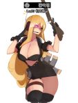  1girl black_gloves black_legwear blonde_hair breasts cleavage dungeon_and_fighter gloves gun happening18 holster large_breasts long_hair magazine_(weapon) microphone rifle simple_background solo thigh-highs thigh_holster triangle_mouth weapon white_background 