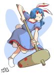  1girl ambiguous_red_liquid animal_ears ankle_socks blue_dress blue_hair bunny_tail dress highres kapiten70 kine mallet puffy_short_sleeves puffy_sleeves rabbit_ears red_eyes seiran_(touhou) short_hair short_sleeves socks solo tail touhou 