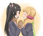  2girls :d ^_^ black_hair blonde_hair breath closed_eyes from_side hair_scrunchie holding_hands kohashi_wakaba long_hair mittens multiple_girls open_mouth profile scarf school_uniform scrunchie shikousakugo smile tokita_moeko two_side_up wakaba_girl 