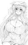  1girl breasts cleavage_cutout glasses huge_breasts long_hair looking_at_viewer monochrome naoyama_masaru patchouli_knowledge solo sweat touhou translation_request very_long_hair 