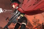  1girl anti-materiel_rifle barrett_m82 black_legwear borrowed_character cape character_name gun hat hms_orion_(siirakannu) holding_weapon jeanex kantai_collection original red_eyes redhead rifle short_hair sniper_rifle solo thigh-highs weapon zettai_ryouiki 