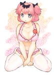  +_+ 1girl between_legs bikini blue_eyes bow breasts cleavage commentary_request frilled_bikini frills hair_bow hand_between_legs hibari_(senran_kagura) highres large_breasts looking_at_viewer me-min open_mouth pink_hair polka_dot polka_dot_bikini polka_dot_swimsuit senran_kagura senran_kagura_(series) short_hair short_twintails sitting skindentation solo swimsuit symbol-shaped_pupils thigh-highs twintails v_arms wariza white_legwear 