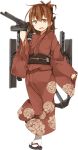  1girl anchor and_dokari brown_hair inazuma_(kantai_collection) japanese_clothes kantai_collection kimono machinery official_art sandals short_hair transparent_background yukata 