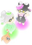  +_+ 2girls aori_(splatoon) black_hair brown_eyes commentary dress fang food food_on_head from_above green_dress highres holding hotaru_(splatoon) looking_at_viewer mask mole mole_under_eye multiple_girls object_on_head pointy_ears shirt shoes short_hair short_jumpsuit sketch splatoon standing stuffed_animal stuffed_toy taka-michi tentacle_hair water_gun waving white_background white_hair younger 