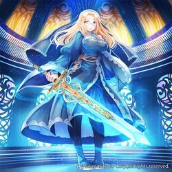  1girl blonde_hair blue_eyes boots breasts dress glasses habit knee_boots long_hair nun original sakurai_unan solo stained_glass sword weapon window 