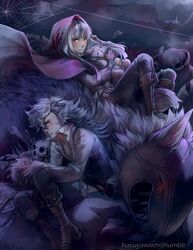  1boy 1girl animal_ears bat black_hair boots cape father_and_daughter fire_emblem fire_emblem_if flannel_(fire_emblem_if) gloves hasuyawn hoodie long_hair multicolored_hair red_eyes scar skull stuffed_animal stuffed_toy tail teddy_bear two-tone_hair velour_(fire_emblem_if) white_hair wolf_ears wolf_tail 