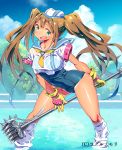  1girl blush breasts brown_hair clouds copyright crop_top gloves green_eyes harem_gain hat long_hair loose_socks one-piece_swimsuit one-piece_tan open_mouth original polearm sailor_collar school_swimsuit sky smile socks solo swimsuit tan tanline twintails wading water weapon zasha 