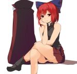  1girl bandages blush boots cape cape_removed crossed_legs hair_ornament hair_ribbon hasebe_yuusaku looking_at_viewer red_eyes redhead ribbon sekibanki shirt short_hair simple_background sitting skirt sleeveless solo touhou white_background 