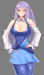  1girl breasts cleavage grey_background gundam gundam_zz hands_on_hips highres large_breasts long_hair looking_at_viewer pantyhose pouch purple_hair red_eyes roux_louka simple_background smile solo wolffeld 