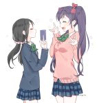  2girls alternate_hairstyle black_hair bow cosplay costume_switch hair_bow hairstyle_switch long_hair love_live!_school_idol_project low_twintails marin_(myuy_3) multiple_girls nico_nico_nii personality_switch pleated_skirt purple_hair role_reversal school_uniform skirt smile sweater toujou_nozomi twintails yazawa_nico 