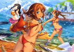  3girls :d absurdres amy_(suisei_no_gargantia) ass bangs barefoot bikini bird black_hair blue_eyes blue_sky blunt_bangs blush bow bracelet braid breasts brown_eyes brown_hair butt_crack chachie cleavage feathers flat_chest from_behind front-tie_top hair_bow highres jewelry large_breasts long_hair looking_at_viewer looking_back low-tied_long_hair melty_(suisei_no_gargantia) multiple_girls navel ocean open_mouth outdoors purple_bikini red_bikini saaya_(suisei_no_gargantia) sarong seagull side-tie_bikini sky smile sparkle splashing squirrel striped striped_bikini striped_swimsuit suisei_no_gargantia swimsuit twin_braids twintails wading 