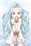  1girl :d ahoge armlet bare_shoulders blue_eyes blue_hair blush bracer cowboy_shot dress granblue_fantasy ham_(points) long_hair looking_at_viewer lyria_(granblue_fantasy) open_mouth simple_background smile solo v_arms white_background white_dress 