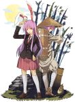  2girls ajirogasa animal_ears back-to-back backpack bag bamboo dual_persona forbidden_scrollery full_body hat jacket japanese_clothes kneehighs long_hair long_sleeves looking_at_viewer lunatic_gun multiple_girls necktie open_mouth purple_hair rabbit_ears red_eyes reisen_udongein_inaba sandals shirt shoes skirt smile touhou urin vest white_background white_legwear wide_sleeves 