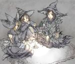  3girls black_hair blonde_hair book bottle breasts brown_hair candle dark_souls dark_souls_2 demon&#039;s_souls dress drink flower green_eyes hat mitsugo_(mgo) multiple_girls potion sitting souls_(from_software) tea witch witch_beatrice witch_hat yuria_the_witch zullie_the_witch 