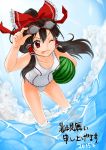  1girl 2015 bent_over black_hair clouds dated dutch_angle food fruit goggles goggles_on_head hair_ornament hair_ribbon hair_tubes hakurei_reimu highres long_hair monrooru one-piece_swimsuit partially_submerged ponytail red_eyes ribbon sky solo swimsuit text tongue tongue_out touhou translation_request water watermelon wet 