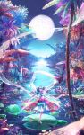  1girl aqua_eyes aqua_hair bow dress flower forest highres instrument lily_pad mimi_n moon multicolored_background multicolored_dress mushroom nature night original playing_instrument river solo violin 