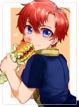  1boy blue_eyes blush fire_emblem fire_emblem:_fuuin_no_tsurugi food from_behind heart lettuce looking_back redhead roy_(fire_emblem) sandwich smile solo super_smash_bros. tamaki_(fukamiru) tomato 